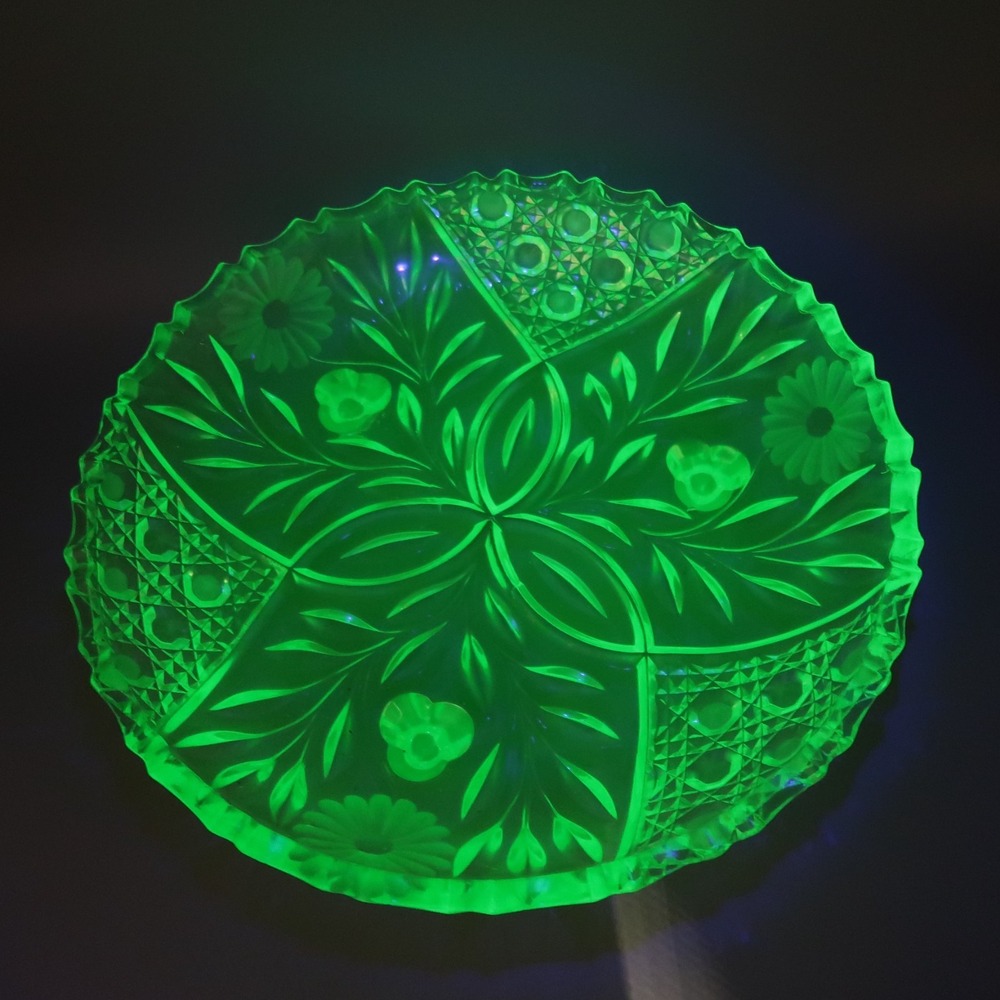 Vtg Uranium Depression Glass Footed Console Bowl 12" Etched Floral Green Glows